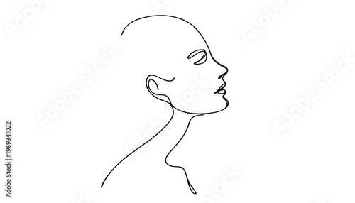 Minimalist continuous line art of a woman's profile looking up, showcasing elegant contours and a clean, modern aesthetic on a white background.