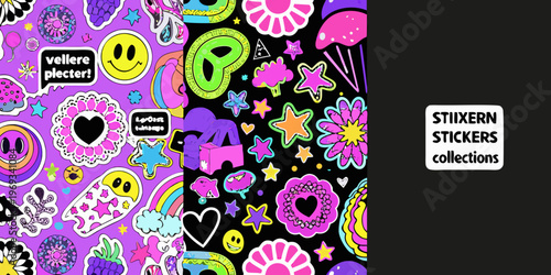 Colorful sticker collection featuring playful designs hearts stars and quirky typography