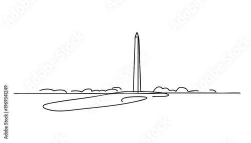 Single line art of the Washington Monument on a horizontal landscape. Minimalist architectural drawing of the iconic United States landmark.