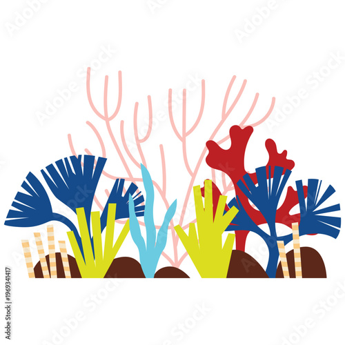 Bundle of various corals and seaweed or algae underwater species, marine creatures, sea or ocean flora and fauna