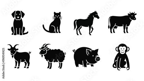 A collection of farm and domestic animals depicted in a stark black silhouette style silhouette high quality professional detailed modern elegant