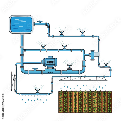 Irrigation system with pump, sprinklers, and crop rows