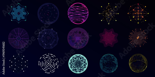 Abstract geometric shapes and patterns in vibrant neon colors on a dark background