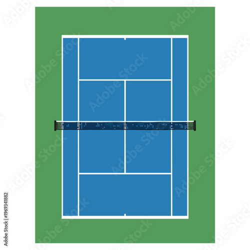 Top-down view of a blue tennis court with green surrounding area and net