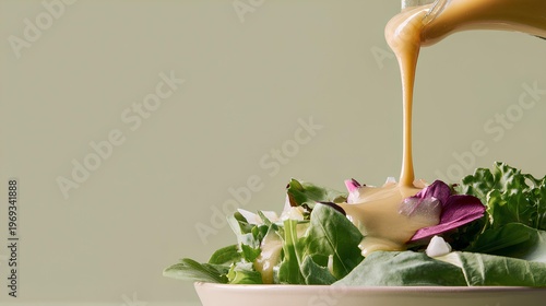 Salad Dress Pour: A close-up view captures the artistry of culinary delight, as a golden dressing cascades over a vibrant medley of fresh, leafy greens. This image highlights the joy of food.