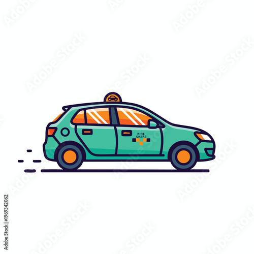 A flat style illustration of a teal ride-share car in motion with orange accents