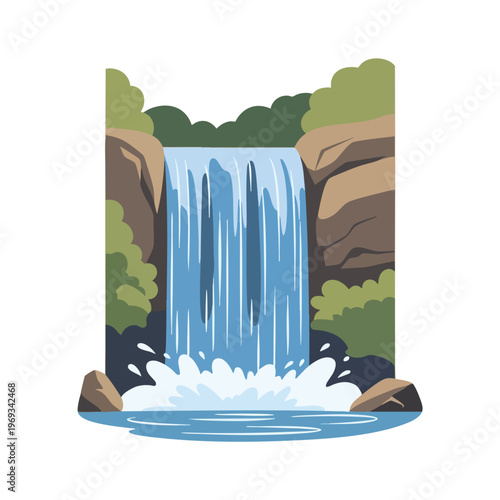 A serene waterfall cascades down rugged rocks surrounded by lush green foliage