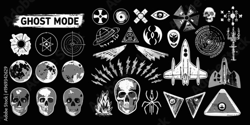 Black and white illustration of occult symbols skulls and futuristic elements
