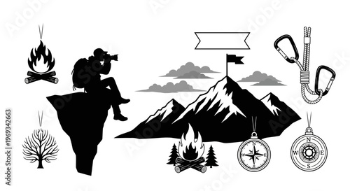 Silhouette of a hiker taking photos on a mountain peak adventure illustration