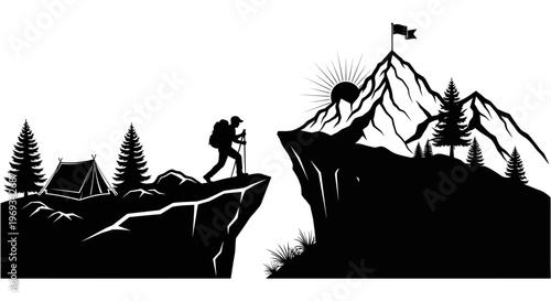 Silhouette of a hiker trekking toward mountain peak with flag symbol