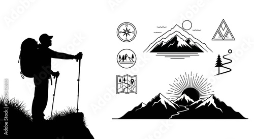 Silhouette of a hiker with mountain elements for outdoor recreation designs