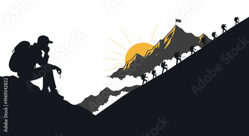 Silhouette of a man contemplating a mountain climb with other hikers