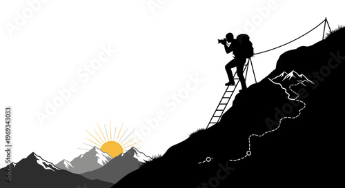 Silhouette of a photographer on mountain peak taking pictures vector illustration