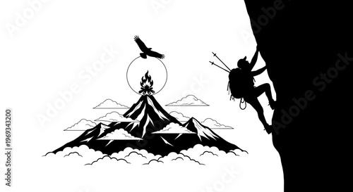 Silhouette of a rock climber ascending a mountain with eagle flying overhead