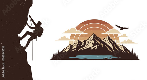 Silhouette of a rock climber ascending a mountain with scenic background