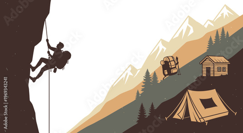 Silhouette of a rock climber rappelling down a cliff vector illustration
