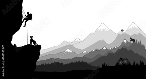 Silhouette of a rock climber with dog against mountain range