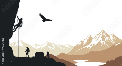 Silhouette of a rock climber on a mountain with eagle and landscape view