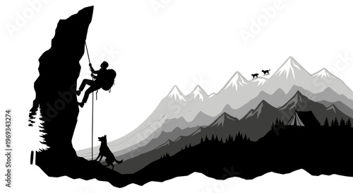 Silhouette of a rock climber with dog exploring mountains landscape