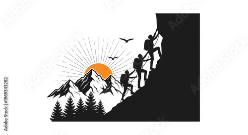 Silhouette of climbers ascending a mountain with sunrise and birds vector illustration