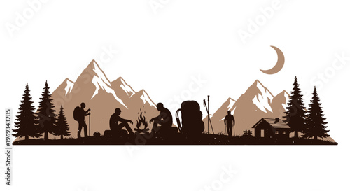 Silhouette of campers enjoying nature scenery with mountain and forest