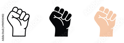 Power, and protest icon with raised fist representing strength, determination, resistance, activism, freedom movements, social campaigns, motivation, and human rights in vector design.