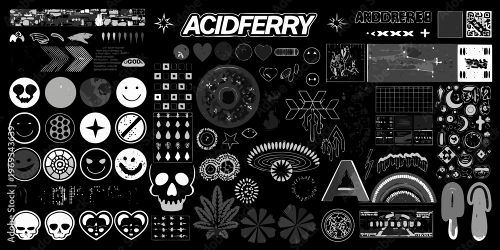 Obraz premium Collage of diverse grayscale graphic elements including skulls hearts and text