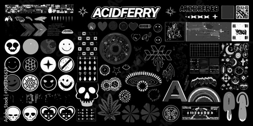 Collage of diverse grayscale graphic elements including skulls hearts and text