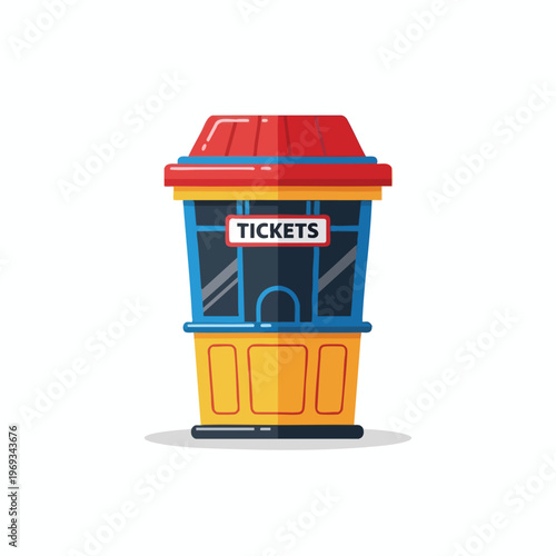 Flat icon of a colorful ticket booth with a "TICKETS" sign