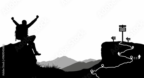 Silhouette of hiker reaching summit over mountain landscape vector illustration