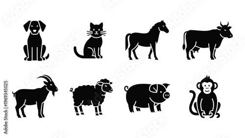 A collection of farm and wild animals depicted in a bold flat style presented as dark silhouettes high quality professional detailed
