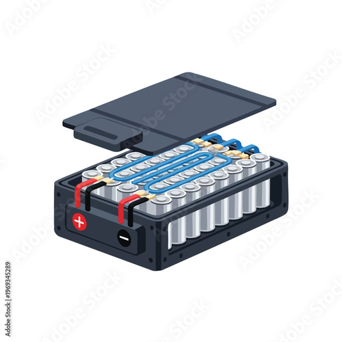 Cutaway view of a battery pack with cylindrical cells and connecting wires