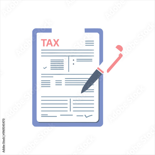 Minimal Tax Document Illustration with Pen, Flat Design Financial Report Concept on White Background