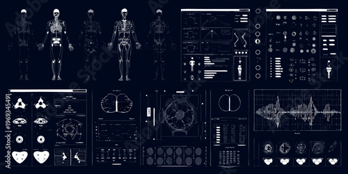 Anatomical study featuring human skeletons medical scans and diagnostic data