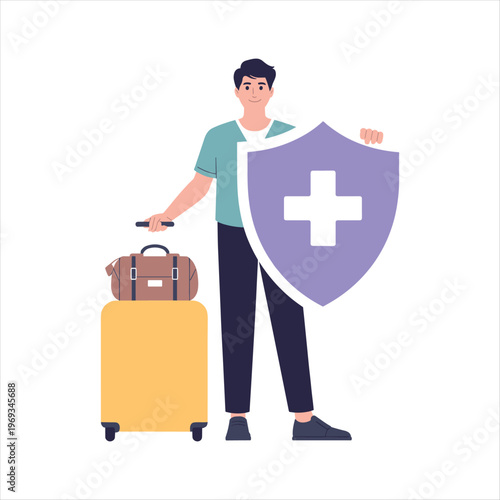 Travel Insurance Protection Concept – Tourist with Suitcase and Shield Safety Illustration