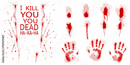 Bloody text and handprints create a disturbing violent visual statement
