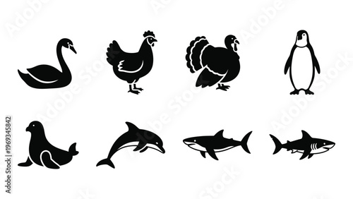 A collection of various bird and marine animal silhouettes arranged on a white background showcasing distinct forms silhouette high quality professional
