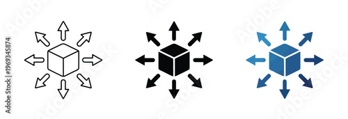 Product, distribution icon featuring cube with arrows, representing logistics, delivery, shipping, warehouse management, fulfillment, scalable distribution, business, and e-commerce concepts in vector