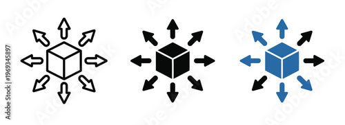 Product, logistics and distribution icon with cube and directional arrows, symbolizing supply flow, delivery, shipping, warehouse management, fulfillment, and scalable e-commerce operations.
