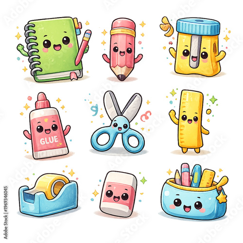 adorable stationery characters, cute stationery illustration, kawaii office supplies, playful stationery graphic, fun school supplies, cartoon stationery set, back to school characters, colorful stati