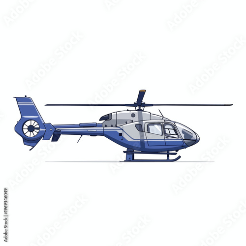 Blue and silver helicopter with rotor blades and skids on white background