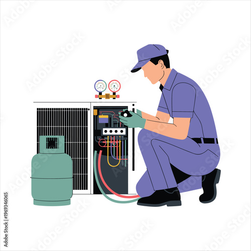 Professional HVAC Technician Repairing Air Conditioner Outdoor Unit with Refrigerant Gauge