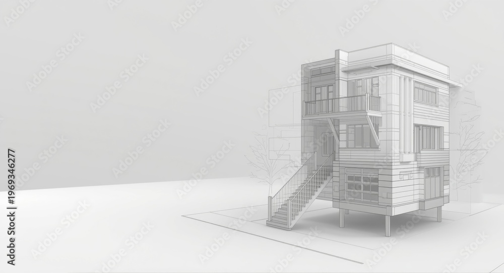 Fototapeta premium Three dimensional townhome structural sketch with detailed lines