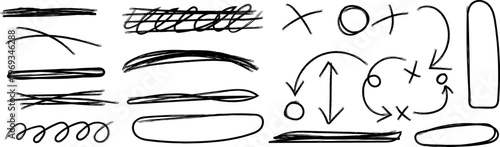 Set of handdrawn scribble elements, brush strokes, arrows, circles, and shapes
