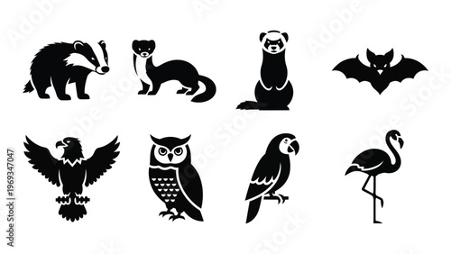 A collection of various animal silhouettes including a badger weasel flamingo and bat presented in black high quality professional detailed modern