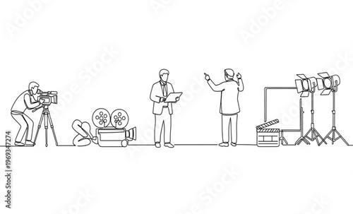 Continuous line filmmaking process with camera operator director and equipment one line vector illustration isolated on white