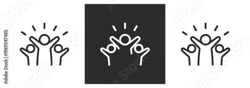 Group of diverse people celebrating together with arms raised in joy and unity.