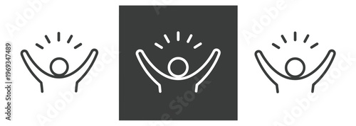 Joyful person with arms raised in celebration, isolated on white background, line art.