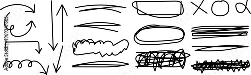 Set of handdrawn arrows, scribbles, underlines, and geometric shapes