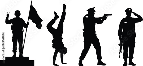 Black Silhouettes of Soldiers and Police Officers in Action Poses Holding Flags Aiming Weapons and Saluting Isolated on White Background